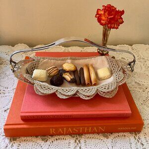 Vintage Silver Plate Oval Tray with Handle/ Blush Coloured Linen Crochet Napkin